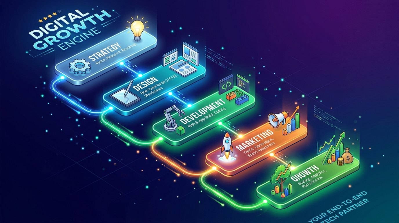 Digital growth engine: Strategy → Design → Development → Marketing → Growth