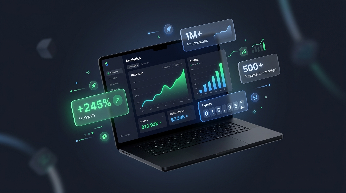 Growth dashboard: 1M+ impressions, 500+ projects, +245% growth